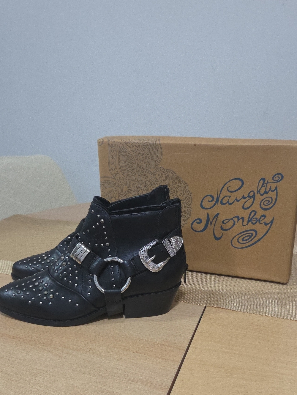 naughty monkey Black Weste Studded Ankle Real Leather Boots with Silver Hardware